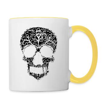 crâne dessiné noir et blanc - Mug contrasté - blanc/jaune - Droite