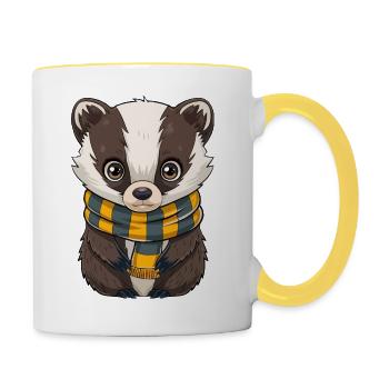 Süßer Dachs mit gelb-schwarzem Schal - Tasse zweifarbig - Weiß/Gelb - Rechts