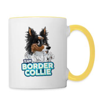 TEAM Border Collie Langhaar - Schwarz Tricolor - Tasse zweifarbig - Weiß/Gelb - Rechts