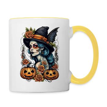 Día Muertos Hexe - Tasse zweifarbig - Weiß/Gelb - Rechts