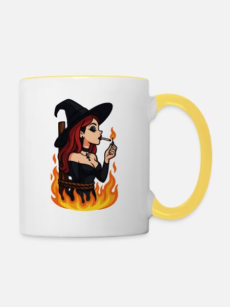 Hexe in Flammen – Gothic Halloween - Tasse zweifarbig - Weiß/Gelb