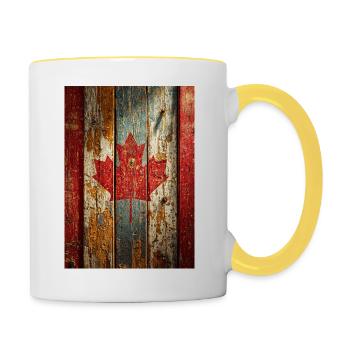 Rustic Maple Flag on Weathered Wood, Canadian Flag - Contrasting Mug - white/yellow - Right
