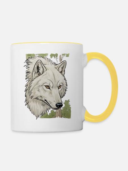 Weißer Wolfkopf im Wald - Tasse zweifarbig - Weiß/Gelb