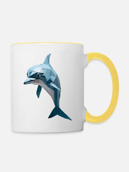 Blauer Low-Poly Delfin - Tasse zweifarbig - Weiß/Gelb