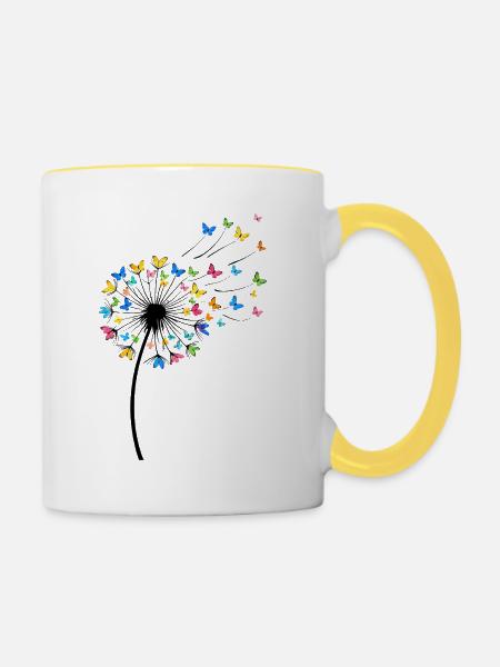 Löwenzahn mit Schmetterlingen im Wind - Tasse zweifarbig - Weiß/Gelb
