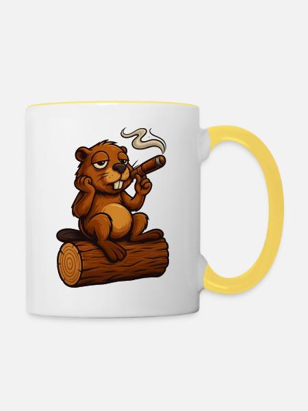 Chillender Biber mit Zigarre - Tasse zweifarbig - Weiß/Gelb