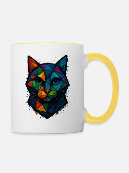 Cat Low Poly – geometrisches Mesh-Polygon-Kunstdesign - Tasse zweifarbig - Weiß/Gelb