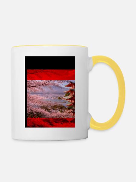 Kirschblütenpagode Szene - Tasse zweifarbig - Weiß/Gelb