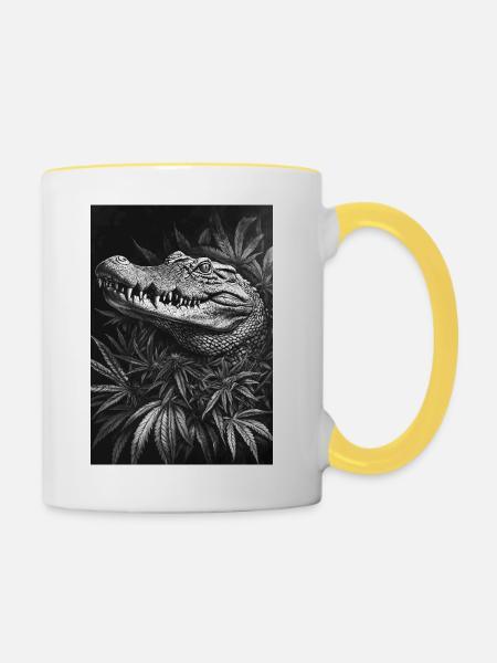 Krokodil im Hanfblattwald - Tasse zweifarbig - Weiß/Gelb