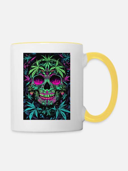 Neon Zucker Skull Hanfblätter - Tasse zweifarbig - Weiß/Gelb