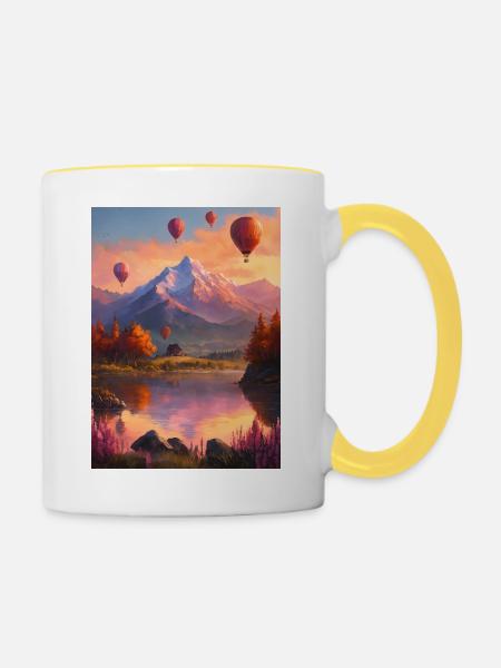 Ballonfahrt am Bergsee bei Abendrot - Tasse zweifarbig - Weiß/Gelb