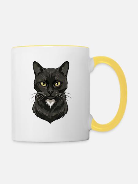 Schwarzer Katzenkopf Illustration - Tasse zweifarbig - Weiß/Gelb