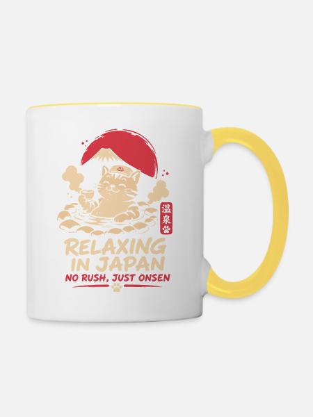 Relaxing in Japan Cat Onsen Design - Tasse zweifarbig - Weiß/Gelb