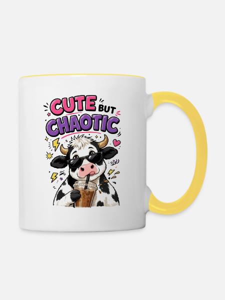 Süß aber chaotisch - Kuh mit Eiskaffee - Tasse zweifarbig - Weiß/Gelb