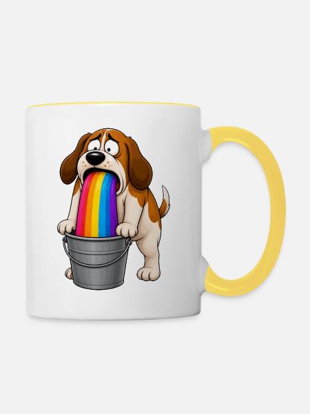 Regenbogen-Erbrechender Hunde-Eimer-Chaos - Tasse zweifarbig - Weiß/Gelb