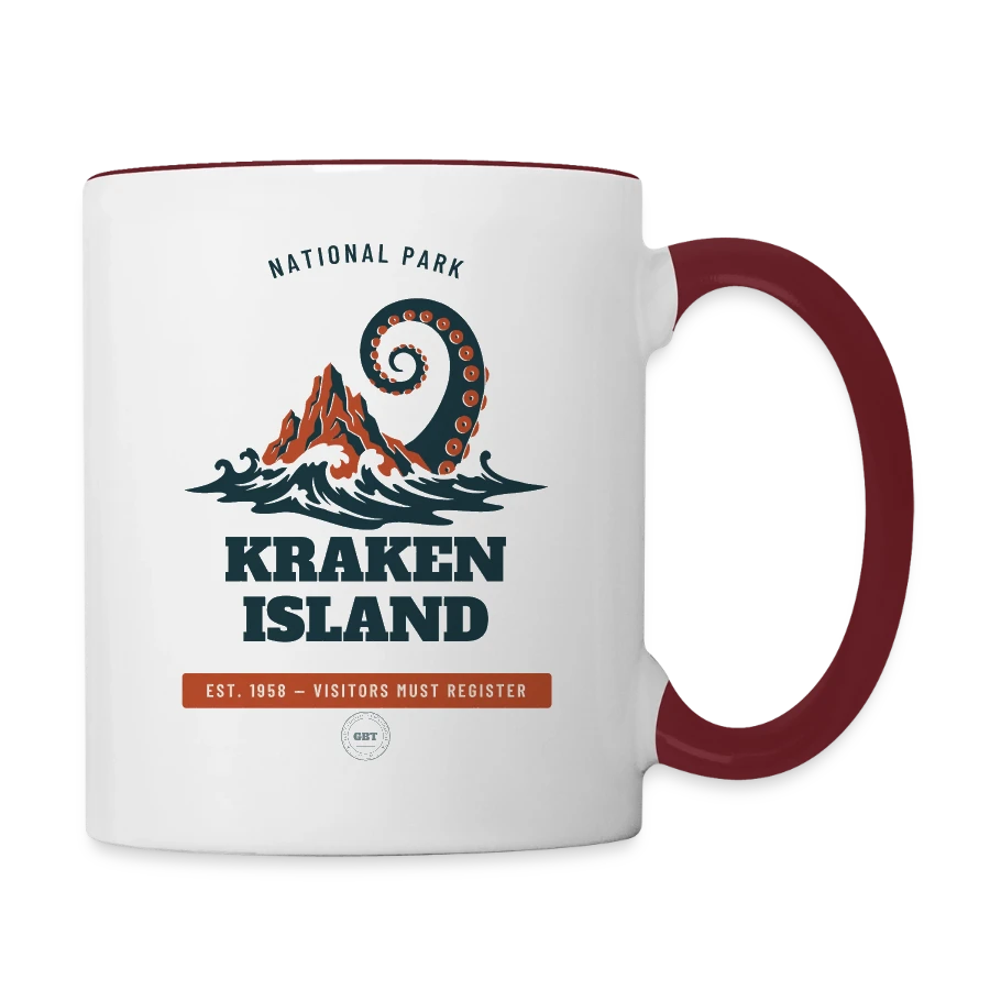 Kraken Island badge on a contrasting mug, white/maroon