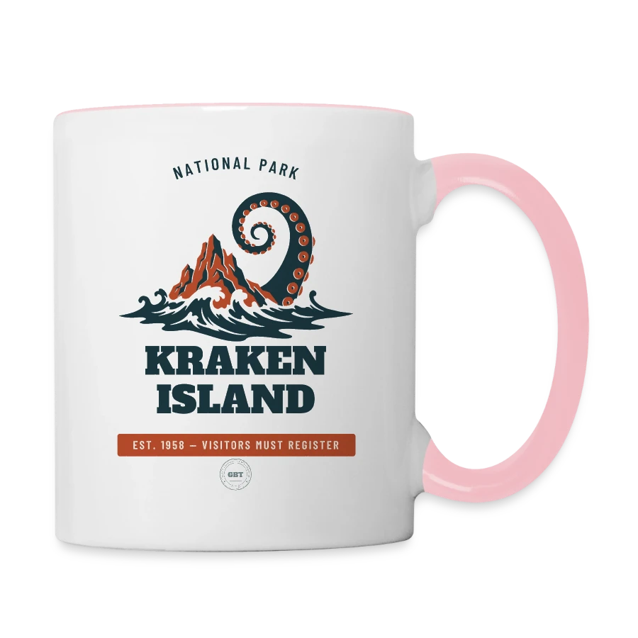 Kraken Island badge on a contrasting mug, white/pink