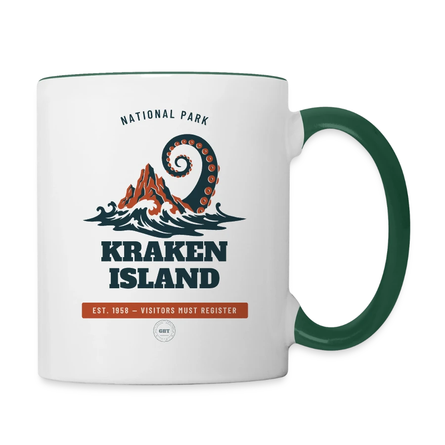 Kraken Island badge on a contrasting mug, white/dark green