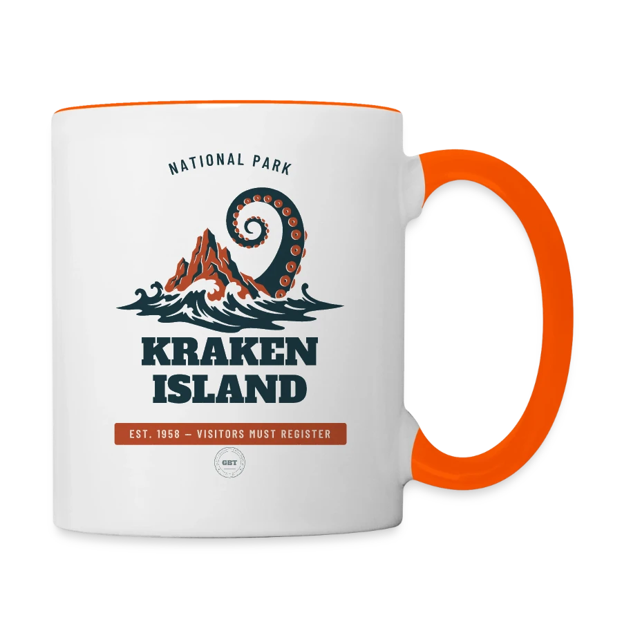 Kraken Island badge on a contrasting mug, white/orange