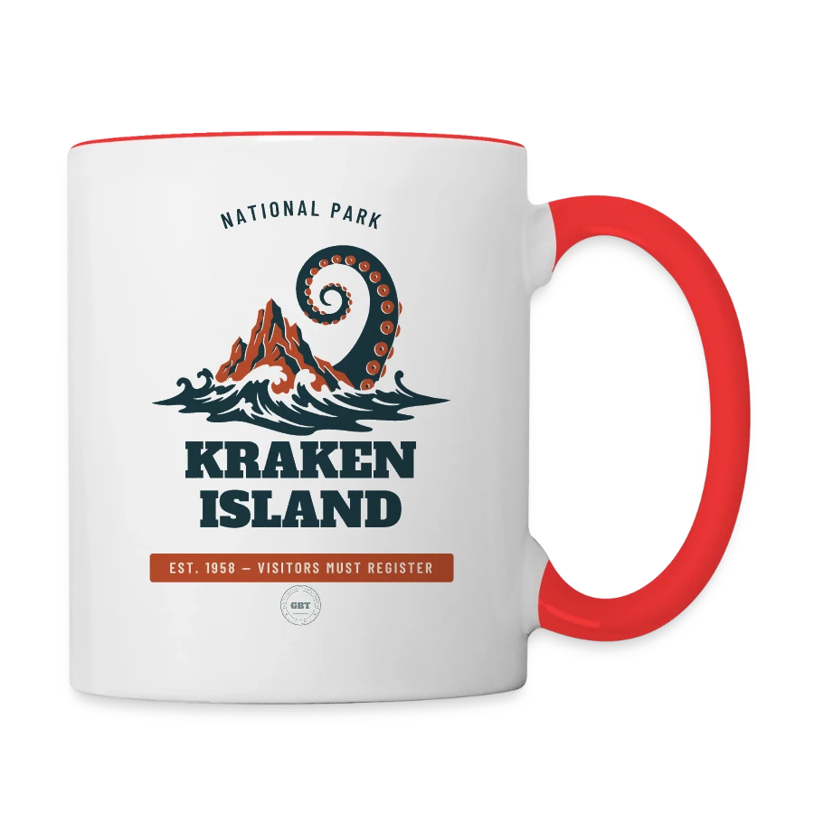 Kraken Island badge on a contrasting mug, white/red