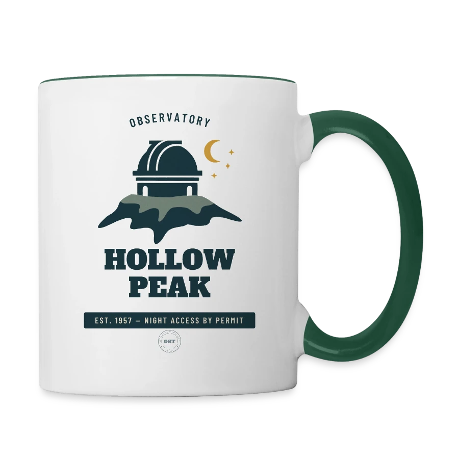 Hollow Peak badge on a contrasting mug, white/dark green