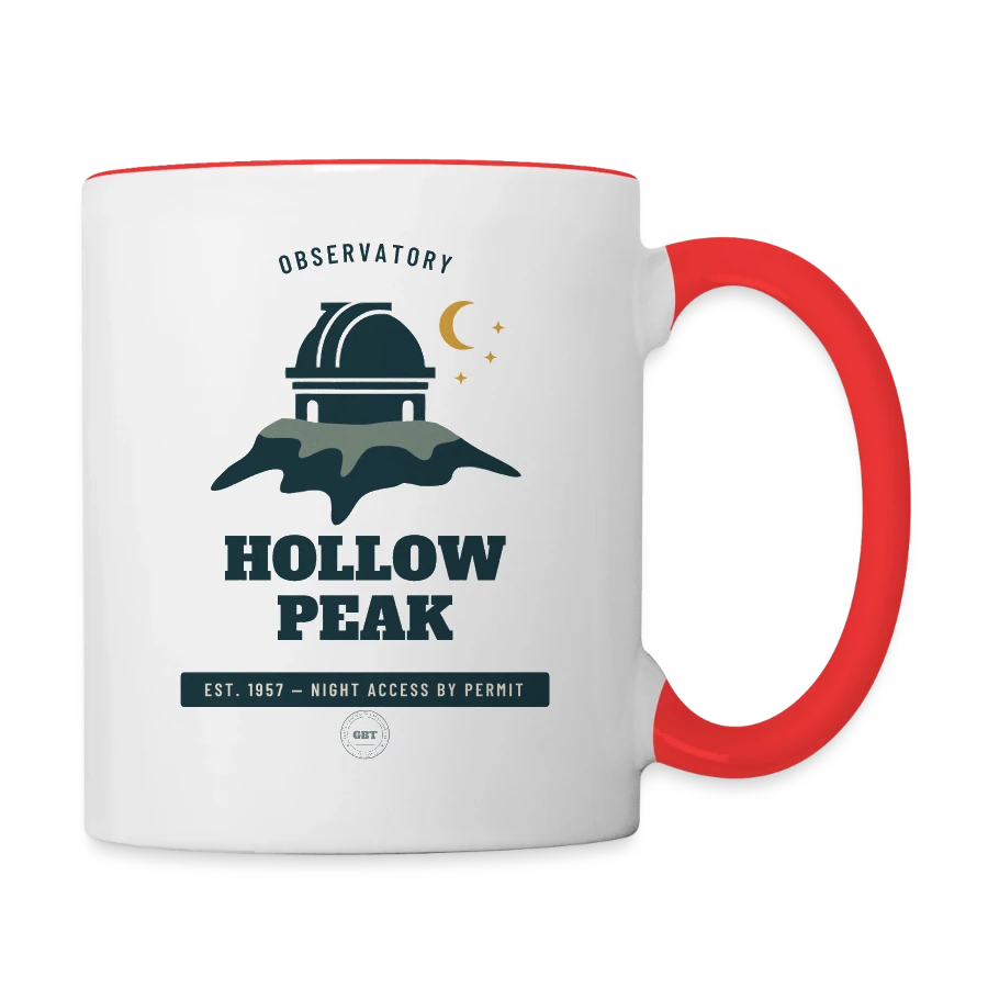 Hollow Peak badge on a contrasting mug, white/red