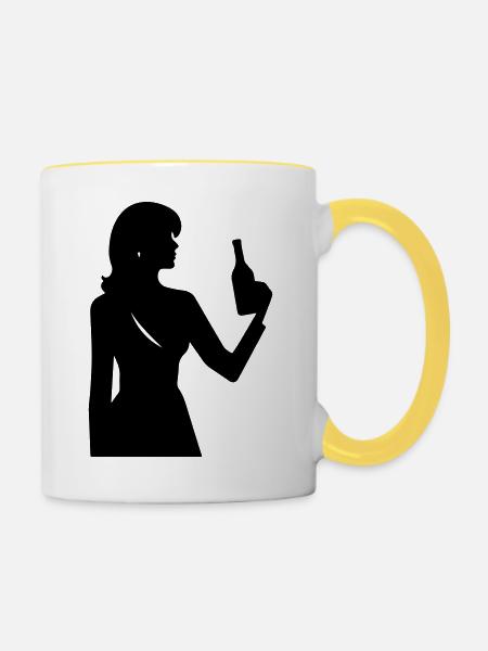Frau mit Flasche im Profil Silhouette - Tasse zweifarbig - Weiß/Gelb