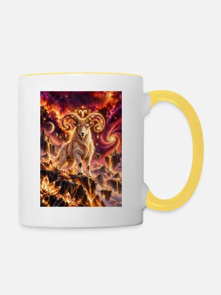 Kosmischer Widder im Sternenfeuer - Tasse zweifarbig - Weiß/Gelb