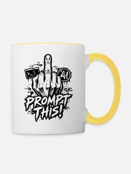 Ironie: Prompt – Anti-KI-Chat – Mittelfinger - Tasse zweifarbig - Weiß/Gelb