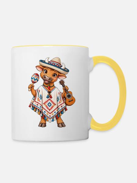 Mexiko Stier mit Poncho - Tasse zweifarbig - Weiß/Gelb