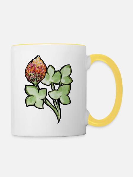 Aquarell Protea mit Kleeblättern - Tasse zweifarbig - Weiß/Gelb