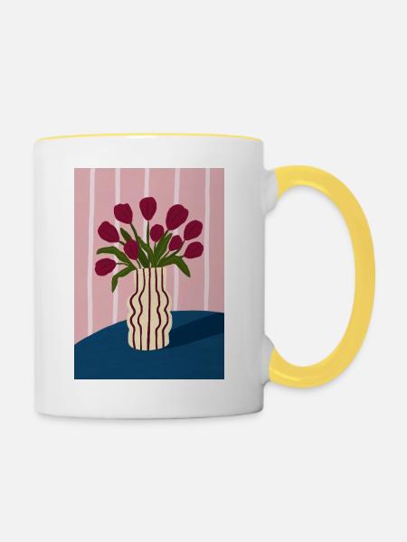 Tulpenstrauß in gestreifter Vase - Tasse zweifarbig - Weiß/Gelb
