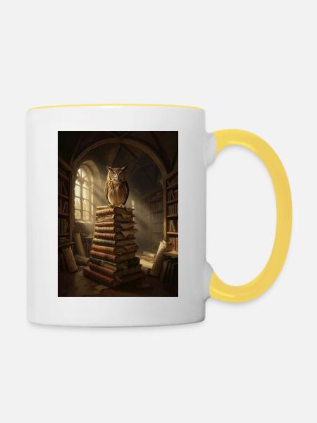 Eulenruf am Bücherstapel Licht - Tasse zweifarbig - Weiß/Gelb