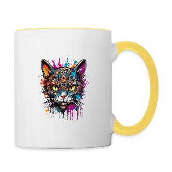 Tattoo / Tier / Kunst / cool / Comic / Katze - Tasse zweifarbig - Weiß/Gelb - Rechts