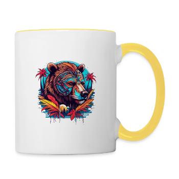 Tattoo / Tier / Kunst / cool / Comic / Bär - Tasse zweifarbig - Weiß/Gelb - Rechts