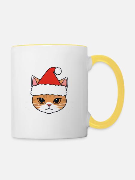 Weihnachtskatze mit Santa Hut - Tasse zweifarbig - Weiß/Gelb