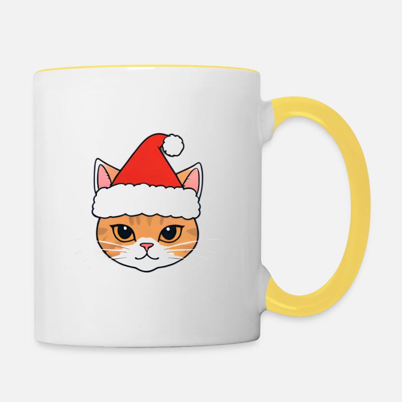 Christmas Cat with Santa Hat - Contrasting Mug - white/yellow