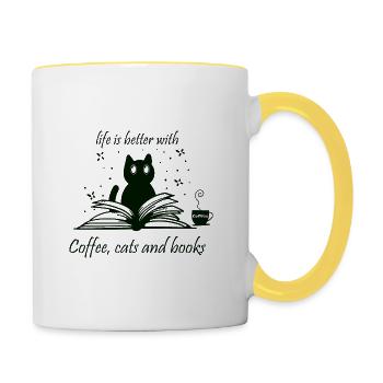 La vie avec la lecture de livres, les chats et le - Mug contrasté - blanc/jaune - Droite