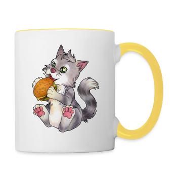 Niedliche essende Katze mit Burger Geschenkidee - Tasse zweifarbig - Weiß/Gelb - Rechts