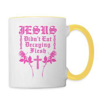 Jesus didn't eat decaying flesh - Contrasting Mug - white/yellow - Right