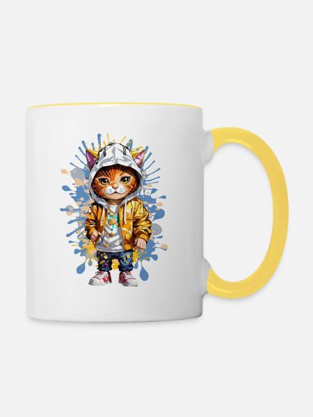 Coole Katze - Tasse zweifarbig - Weiß/Gelb