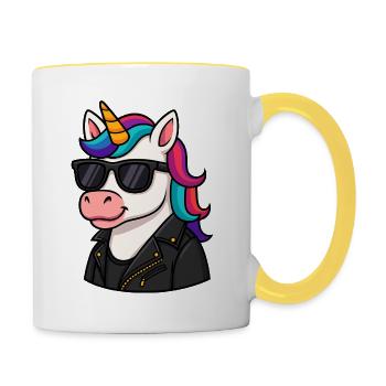 Stylisches Einhorn mit Lederjacke - Tasse zweifarbig - Weiß/Gelb - Rechts