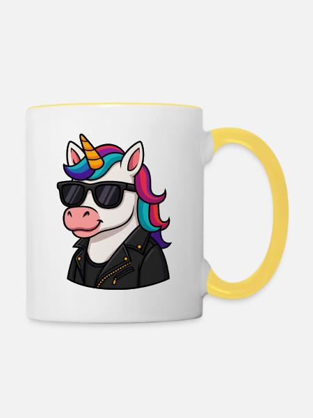 Stylisches Einhorn mit Lederjacke - Tasse zweifarbig - Weiß/Gelb
