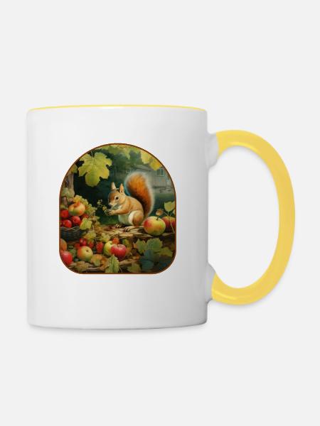 Frosch-Eichhörnchen-Apfel Erntezeit - Tasse zweifarbig - Weiß/Gelb