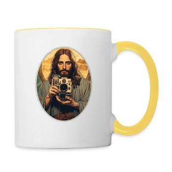Jésus se blottit Vintage appareil photo T Shirt, Christian - Mug contrasté - blanc/jaune - Droite
