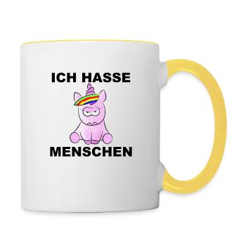 Ich hasse Menschen - Pink Einhorn - Tasse zweifarbig - Weiß/Gelb - Rechts