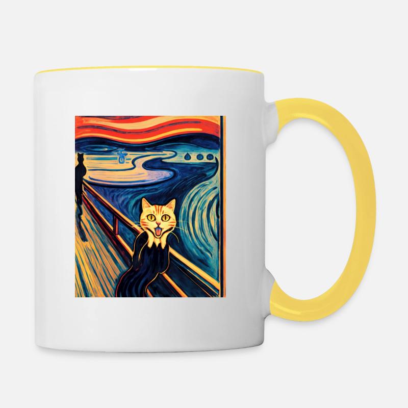 Impressionniste Chat Drôle Criant Impressionnisme - Mug contrasté - blanc/jaune