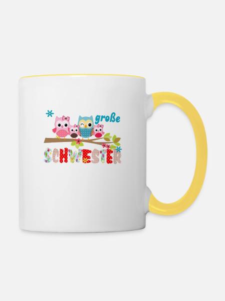 große Schwester Vogelfamilie - Tasse zweifarbig - Weiß/Gelb