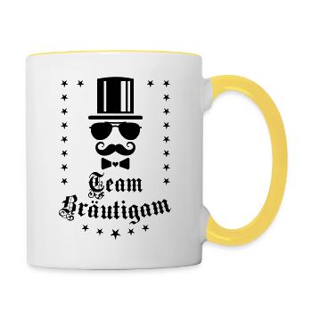 47 Team Bräutigam JGA Zylinder Hut Bart - Tasse zweifarbig - Weiß/Gelb - Rechts