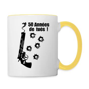 50 years smoking gun bullet impact anniv - Contrasting Mug - white/yellow - Right